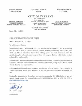 City of Tarrant Now Accepting Solid Waste Bids Effective 5.24.24!