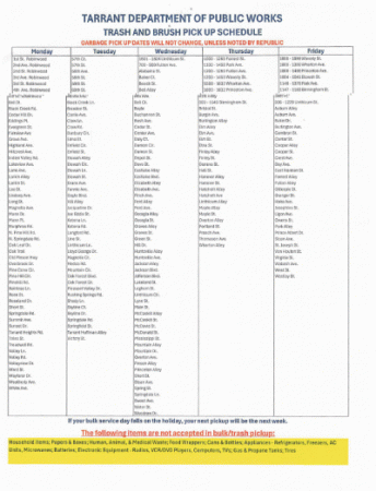 Tarrant Trash and Brush Pick Up Schedule