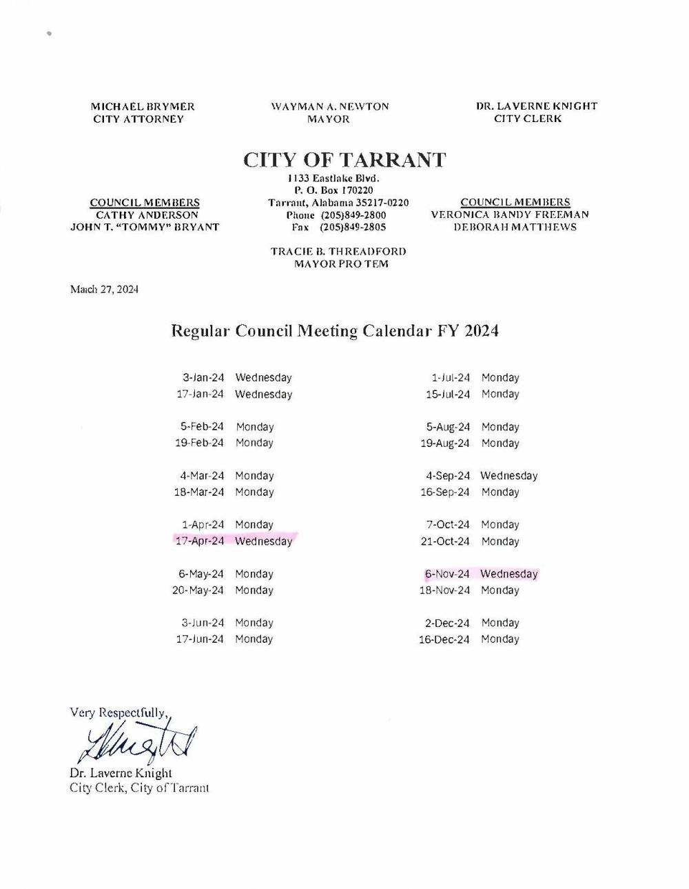 Clone of City of Tarrant Council Meetings FY2024 Tarrant AL